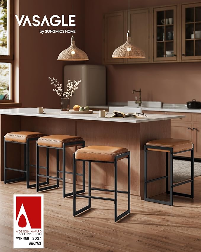 VASAGLE EKHO Collection - Bar Stools Set of 2, Counter Height Bar Stools, Synthetic Leather with Stitching, Mid-Century Modern Counter Stools, 26-Inch Tall, Kichen Home Bar Dining Room, Caramel Brown
