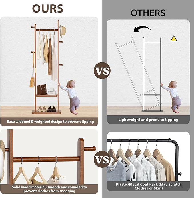 Solid Wood Coat Rack Clothes Rack, Coat Rack Freestanding with 2 Shelves and 5 Hooks, Heavy Duty Coat Tree for Entryway, Living room, Coat Hanger Stand for Hats, Bags Clothes(Walnut Brown)
