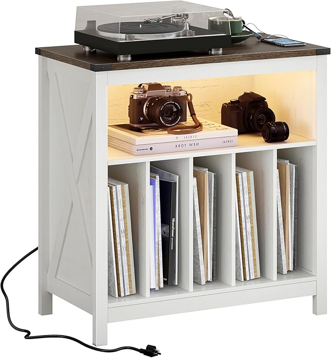 ChooChoo Large Record Player Stand with Charging Station & LED Light, Vinyl Record Holder hold up to 300 Albums, Farmhouse End Table for Bedroom, Living Room, Soft White