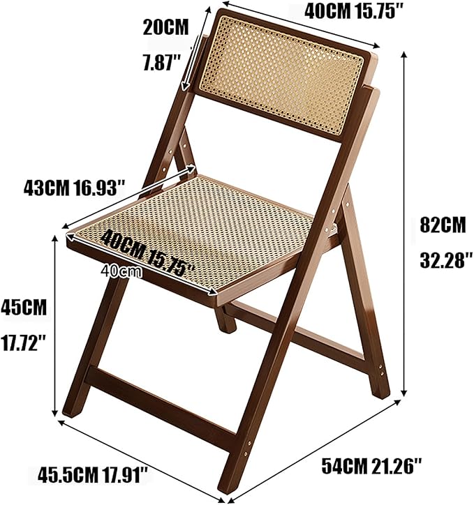 KISKIS Wooden Rattan Folding Chairs Portable Save Space Kitchen Dining Chair for Balcony Living Room, with Mesh Elastic Seat and Curved Back, 400LBS,2 Pack