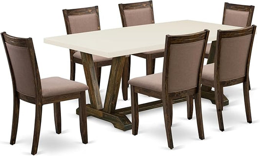 East West Furniture V727MZ748-7 7 Piece Dining Table Set Consist of a Rectangle Dining Room Table with V-Legs and 6 Coffee Linen Fabric Parsons Chairs, 40x72 Inch, Multi-Color