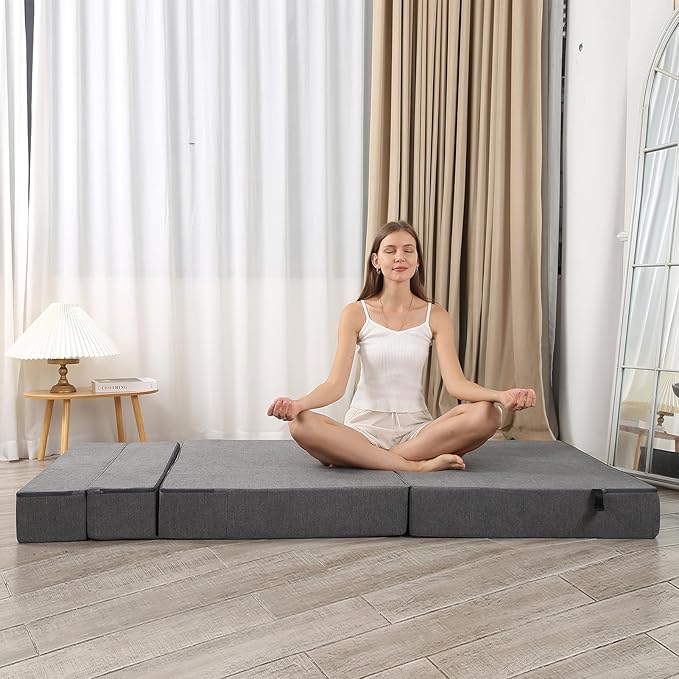 Futon Sofa Bed, High-Density Memory Foam Couch with Fluffy Pillow, Folding Floor Guest Bed, Twin Size, Dark Grey