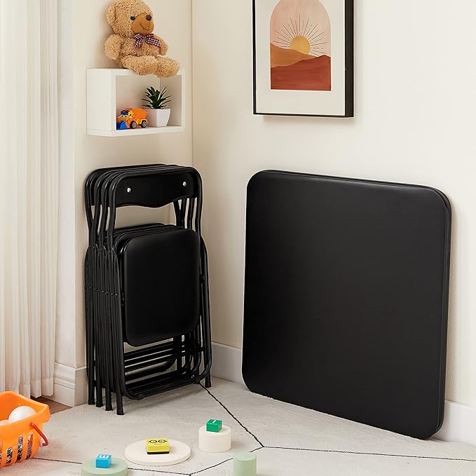 VECELO Kids Folding Activity Table and Chairs 5 Piece Set, Portable, with Ultra Soft Padded Cushion, Classic Black