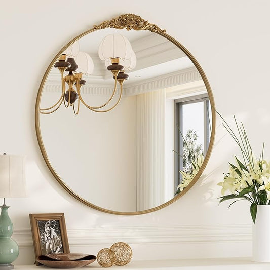 TokeShimi 30x30 Vintage Mirror with Metal Frame,Gold Antique Round Mirror for Wall,Fireplace,Living Room,Baroque Wall-Mounted French Cleat Mounting