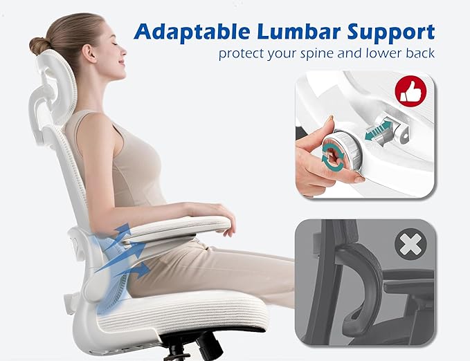 TRALT Ergonomic Office Chair - Desk Chair with Adjustable Headrest Lumbar Support Computer Chair - Mesh Comfy Chair with Flip-up Armrests - Gaming Chairs for Adults Home Office (Leather, White)