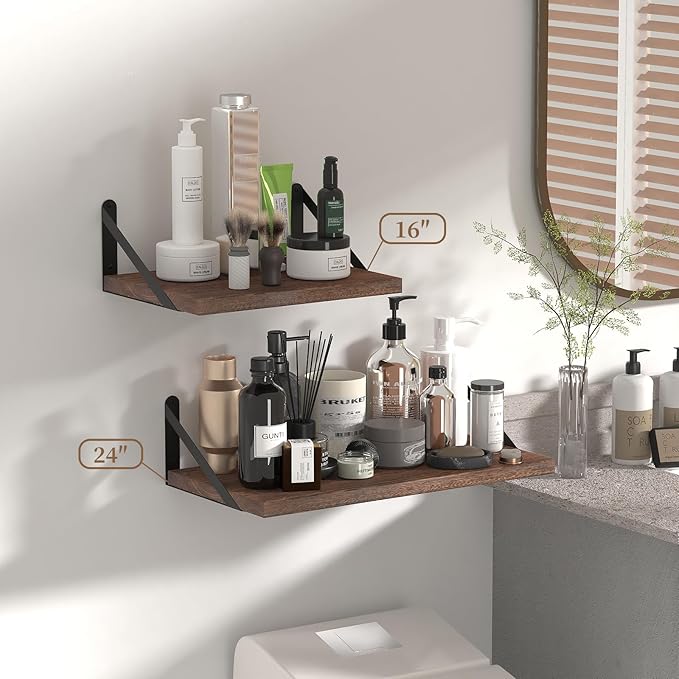 SAUMONIERES Floating Shelves Wall Bookshelf for Bedroom Bathroom Living Room Wood Wall Mounted Wide Deep Storage, Rustic Brown 24 Inch Wall Shelves Set of 2