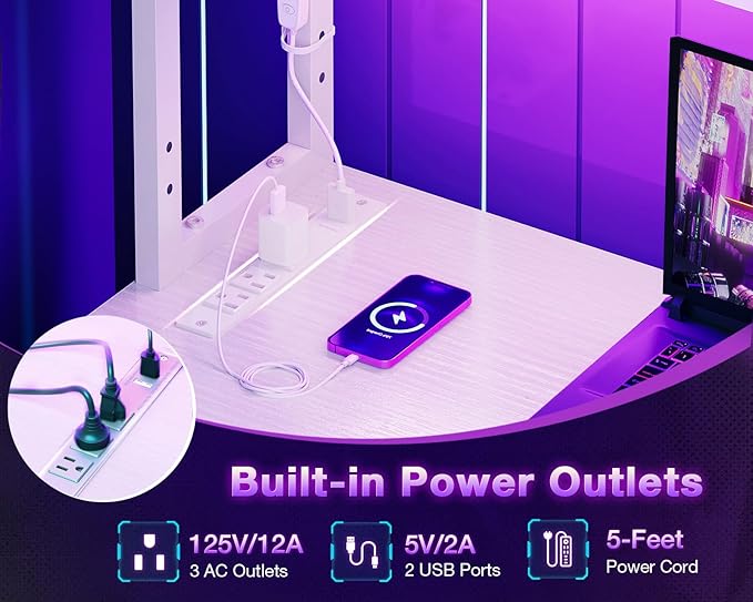 ODK 53 Inch L Shaped Desk with LED Lighting, Reversible Gaming Desk with Power Outlets, Cornor Computer Table with Storage Shelves & Bag & Iron Hook, Home Office Table for Writing, Study, White