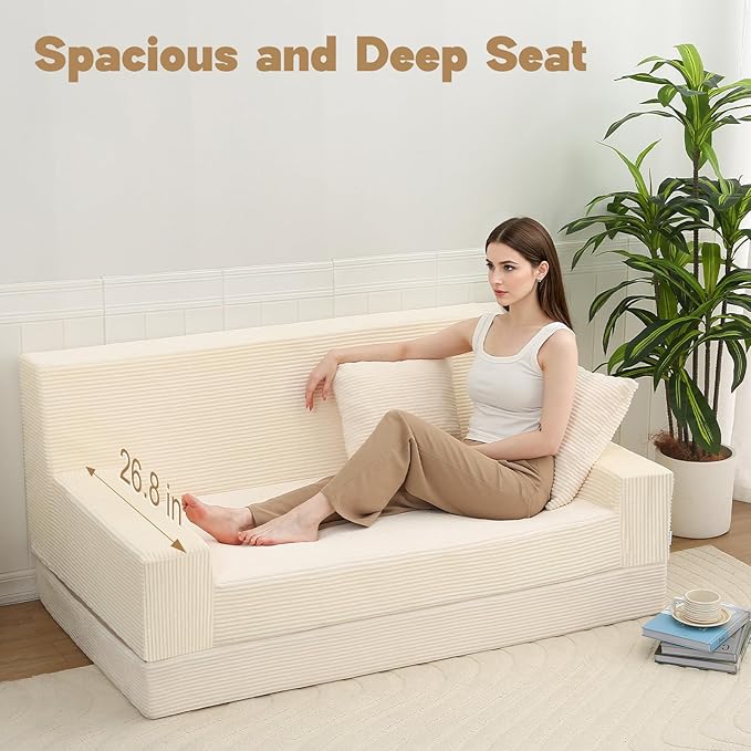 MeMoreCool Boneless Folding Sofa Bed Queen, Corduroy Convertible Sleeper Chair, Foldable Foam Mattress Chair, Comfy Fold‑Out Futon Couch Bed, Large Floor Sofa Couch for Living Room Guest