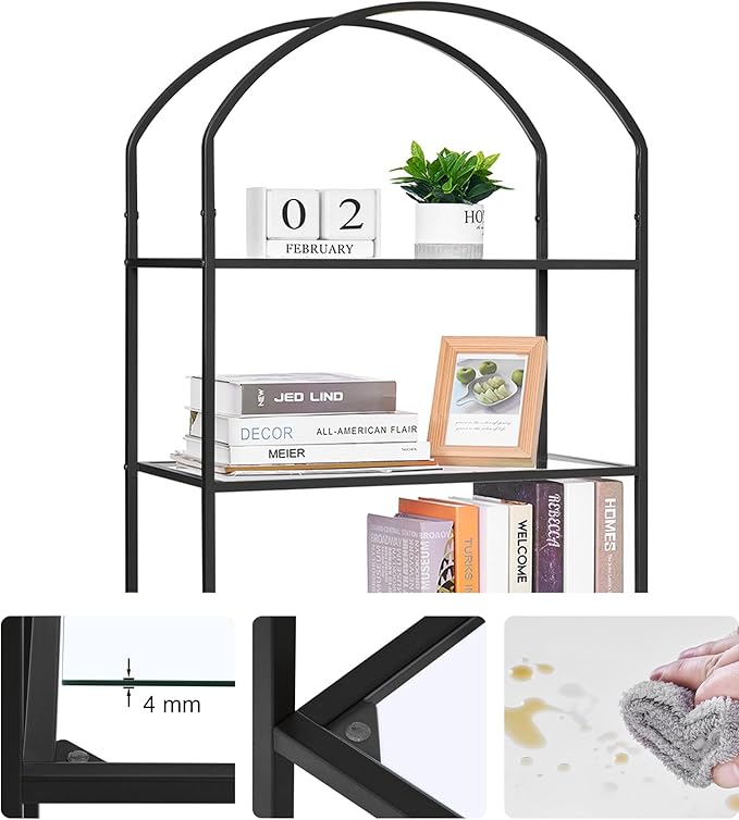 Homhedy Bookshelf Arched Display Racks,Metal Bookcase,Tempered Glass Shelves,Storage Rack Shelf for Home Office,Living Room,Bedroom, Bathroom,Modern Style (Black, 11.8" D x 23.6" W x 62.2" H)