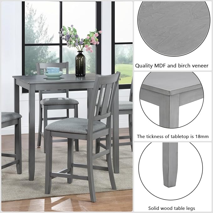 Dining Table Set for 4, Modern 5 Piece Dining Room Table Set with Square Table & 4 Slatted Backrest Upholstered Chairs, Counter Height Kitchen Chairs Set for Small Space, Gray