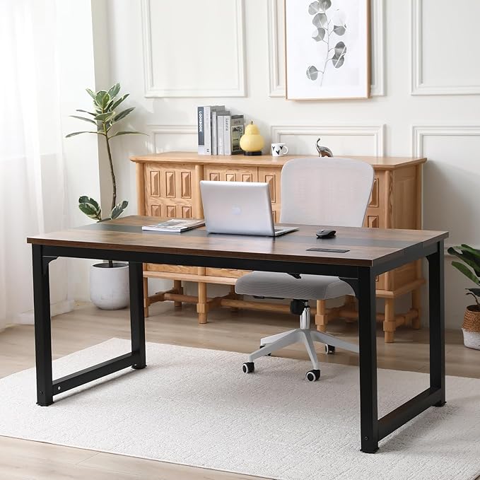 Large Computer Desk - 63 Inch Home Office Desks Study Student Writing Table Gaming Desk Wood Modern Simple Table with USB Ports, Rustic + Black