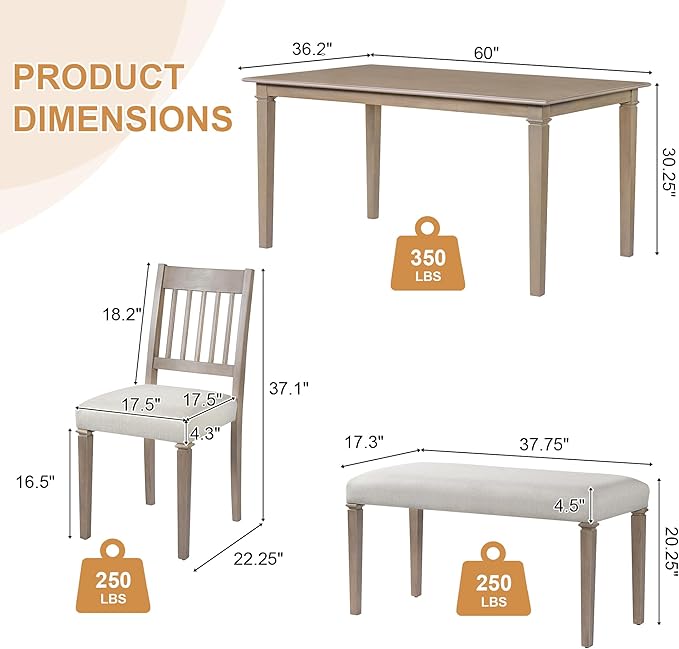 Merax 6-Piece Retro Dining Table Set, 6 Seats Wooden Rectangular Table, with 4 Chairs & 1 Bench for Kitchen Room, Classic Furniture, Brown