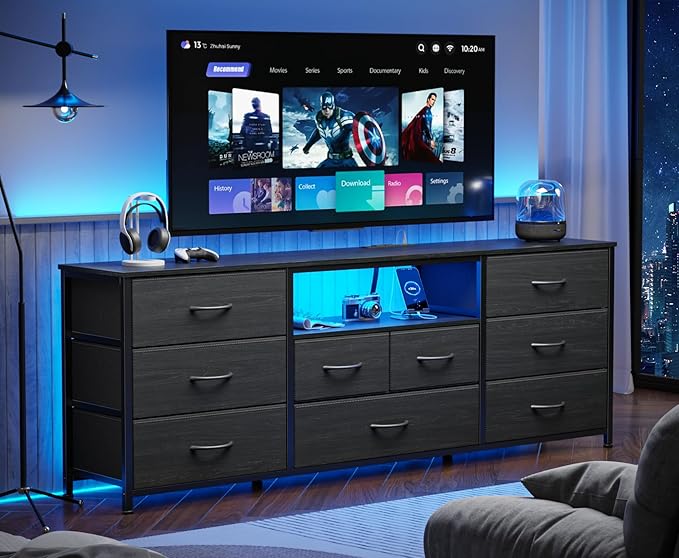 Furnulem 9 Drawer Dresser, 63” Long TV Stand for Bedroom, Entertainment Center with Power Outlet & LED Light for 65"-75" TV, Black Dresser with Fabric Storage Drawers for Closet