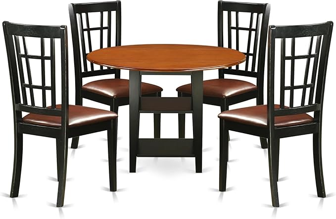 East West Furniture SUNI5-BCH-LC 5 Piece Dining Table Set for 4 Includes a Round Kitchen Table with Dropleaf & Shelves and 4 Faux Leather Kitchen Dining Chairs, 42x42 Inch, Black & Cherry