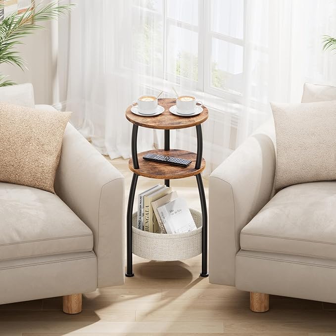 Round Side Table for Small Spaces with Storage Basket –Small End Table 3-Tier Night Stand Sofa Corner Table for Living Room, Bedroom, Patio and More 24in Tall Rustic Brown