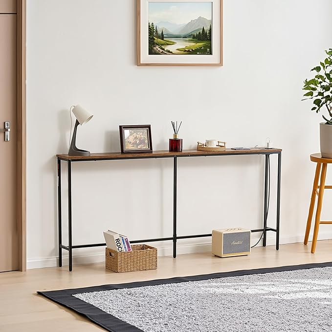 VEVOR Narrow Console Table, 70.9" Behind Couch Shelf with Power Outlets, 1-Tier Long Entryway Shelf, Narrow Sofa Table with Metal Frame and Charge Station, for Entryway, Hallway, Living Room