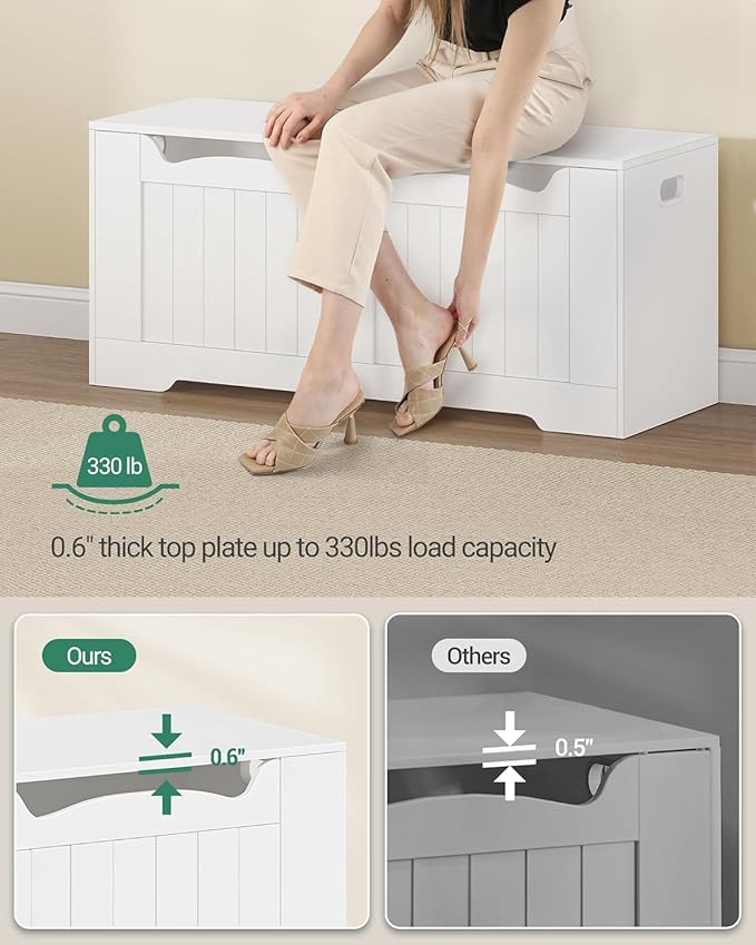 43.3" Storage Chest, Extra Large Storage Trunk with 2 Safety Hinges, Lift-Top Bench Box, Wooden Chest Organizer, Shoe Bench for Entryway, Bedroom, Living Room, White SB25503X