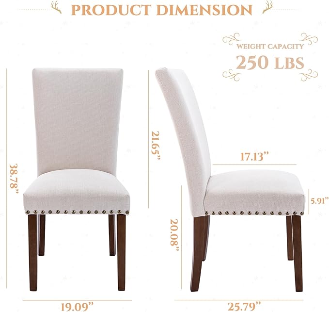 Set of 4 Beige Upholstered Dining Chairs, Farmhouse Kitchen Chairs with High Back Support, Solid Rubberwood Legs, Comfortable Padded Seat, Bronze Nailhead Trim, Dining Room Chairs for Family Meals