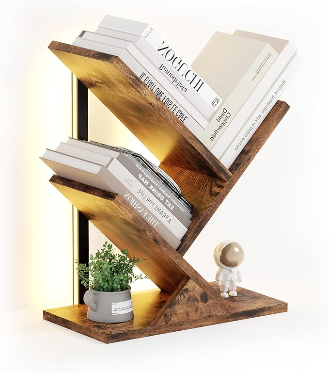Tree Bookshelf with LED Lights, 3 Tier Floor Standing Bookcase, Classical Corner Shelf Kids Bookshelf, Tall Wood Book Storage for Bedroom, Living Room, Home Office, Brown