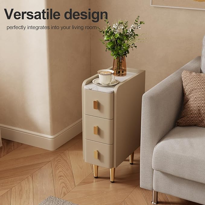 Narrow Nightstand with Drawers, Narrow Side Table Leather, Small Bedside Tables for Bedroom. (Beige)