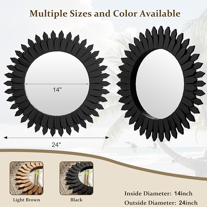 24 Inch Black Boho Wall Decor Sunburst Mirror - Round Wooden Wall Decor, Handmade Rustic Circular Mirror for Living Room, Bedroom, Entryway, Office