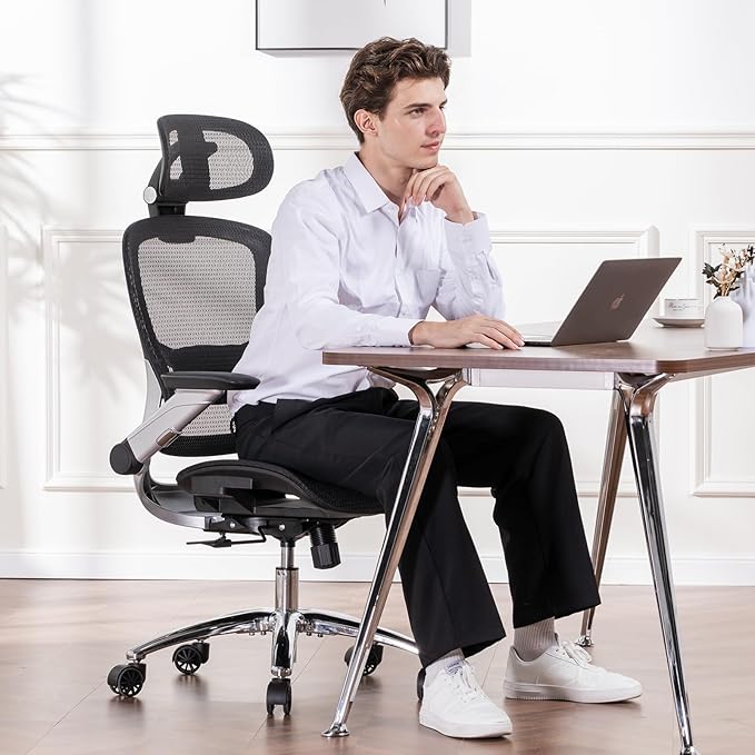 COMHOMA Big and Tall Ergonomic Mesh Office Chair, High Back Home Desk Chair Computer Gaming Chair with Headrest, Flip-Up Arms, 90-125° Tilt Lock and Wide Cushion, Task Chair for Man Woman- Black