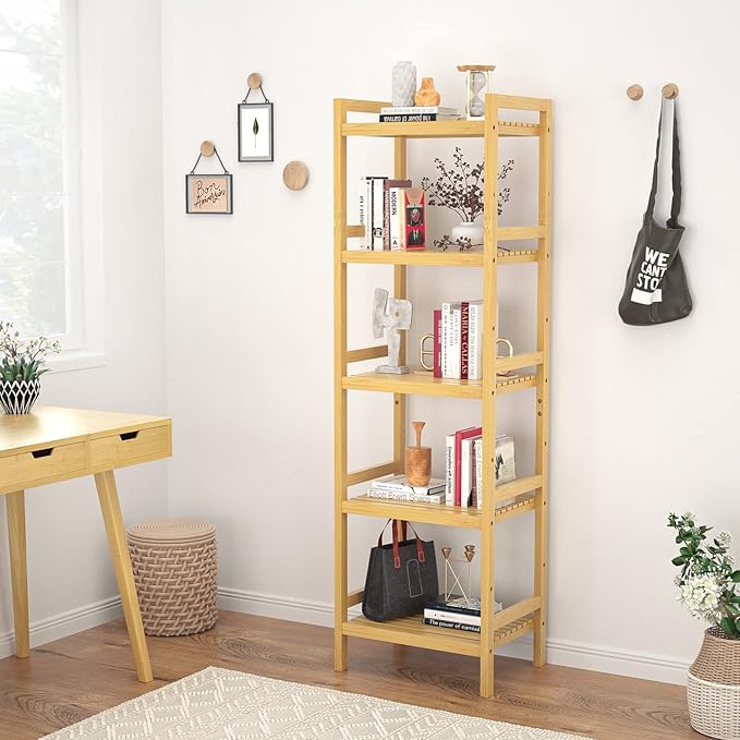 Homykic Bamboo Bookshelf, 5-Tier Narrow 55.9” Adjustable Book Shelf Bookcase Bathroom Shelves Freestanding Storage Stand for Living Room, Bedroom, Kitchen, Rust Resistance, Easy Assembly, Natural