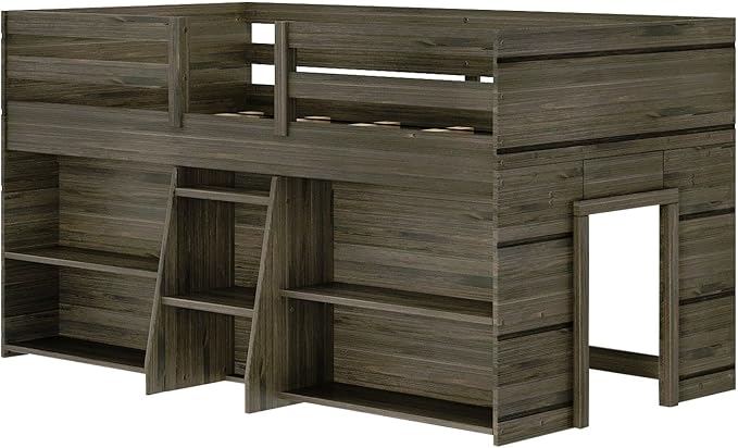 Max & Lily Modern Farmhouse Low Loft Bed, Twin Bed Frame for Kids with 2 Bookcases, Barnwood Brown