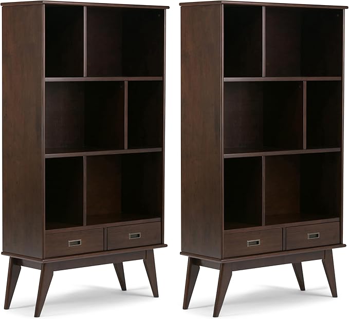 SIMPLIHOME Draper 35 inch Mid-Century Modern Bookcase and Storage Unit (Set of 2) in Medium Auburn Brown for The Living Room, Study Room and Office