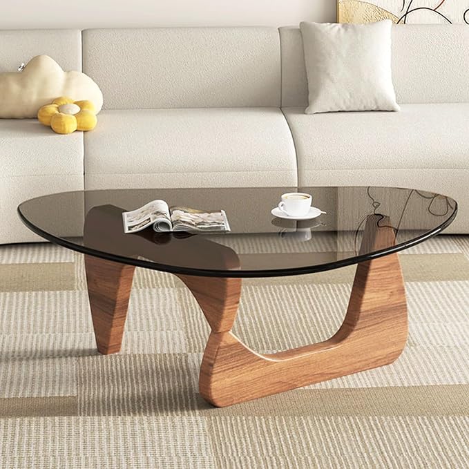 Modern Glass Coffee Table for Living Room, Mid Century Coffee Table, Stylish Coffee Tables, Suitable for Bedroom Living Room Reception Office Tables（Walnut/Grey，Large）