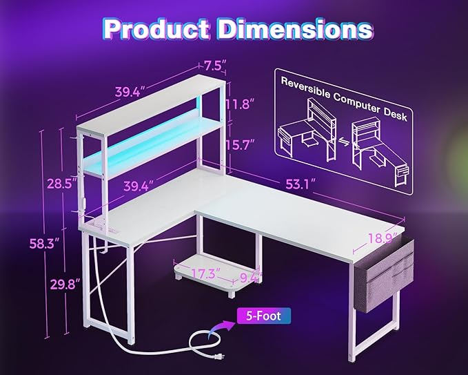 AODK L Shaped Desk Gaming Desk with LED Light & Power Outlet, 53 Inch Reversible L Shaped Computer Table with Shelf, Corner Desk with Storage Bag&Hook for Home Office Desk, White
