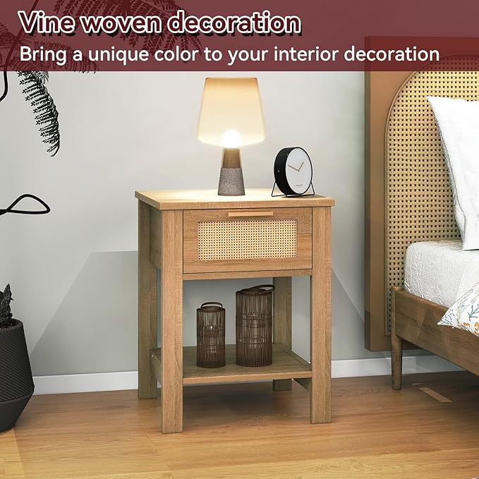 IBUYKE Rattan Nightstand Set of 2, Boho Night Stand with Drawer, Wood Bedside Tables with Storage Shelf, End Table with Legs for Bedroom, Natural UWNS011N-2