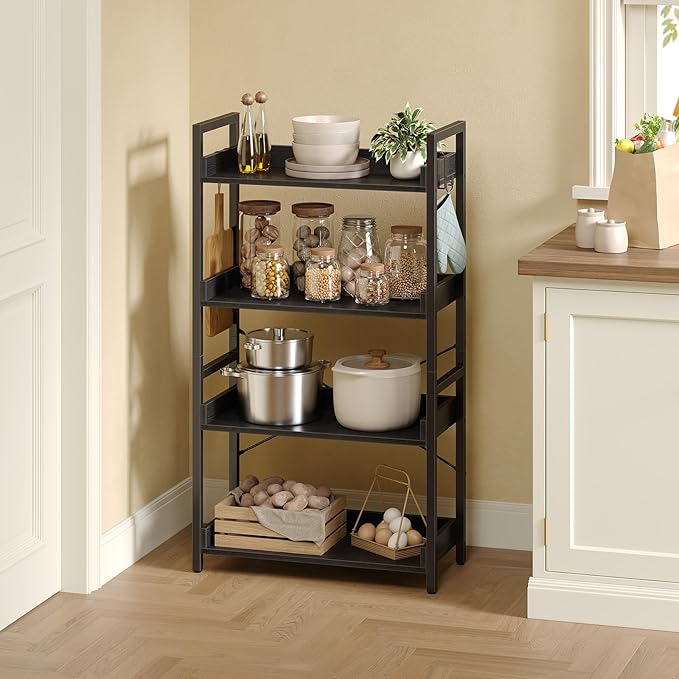 Rolanstar Bookshelf 4 Tier with 4 Hooks, Industrial Bookcase, Vintage Storage Rack with Open Shelves, Rustic Standing Bookshelves Metal Frame Display Rack for Living Room, Bedroom, Black