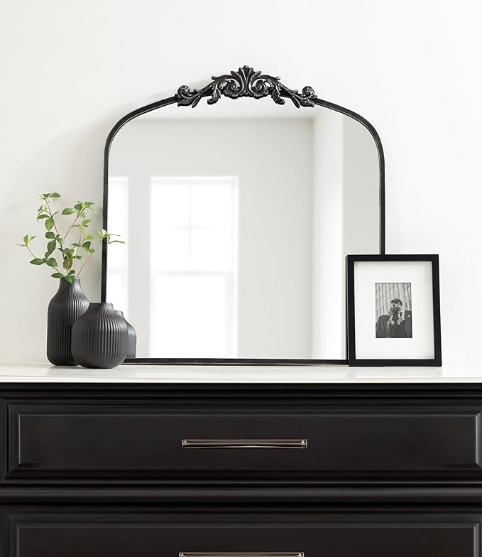 Kate and Laurel Arendahl Ornate Traditional Square Arched Mirror; 28 x 30; Antique Black; Decorative Baroque Style Arch Vintage Mirror with Wide Frame and Ornamental Crown