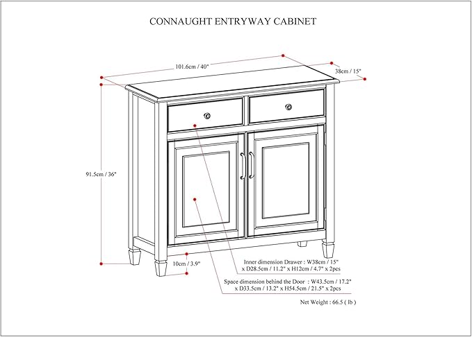 SIMPLIHOME Connaught 40-inch Wide Solid Wood Storage Cabinet in Fog Grey for Entryway, Living Room, Organizer for Hats, Gloves, Shoes, Keys, Slim Design, Traditional Style