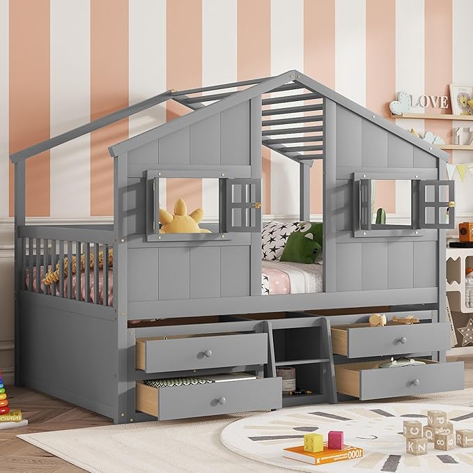 KEIKI Full Size Wooden House-Shaped Loft Bed with Roof, Windows, 4 Storage Drawers, Guardrail, Ladder, for Boys and Girls, Loft Bed with Slats, Easy Assembly, No Box Spring Required, for Bedroom, Grey