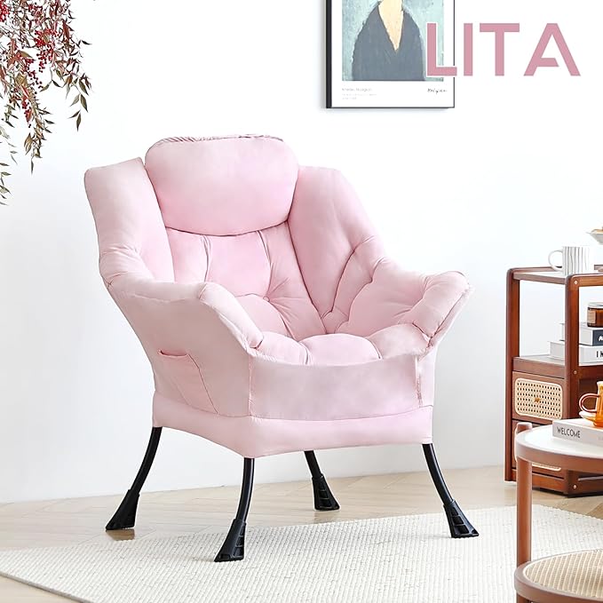 LITA Lazy Chair with Ottoman, Modern Accent Leisure Upholstered Sofa, Contemporary Lounge Reading Chair with Armrests and a Side Pocket for Living Room, Bedroom & Small Space, Single Pink