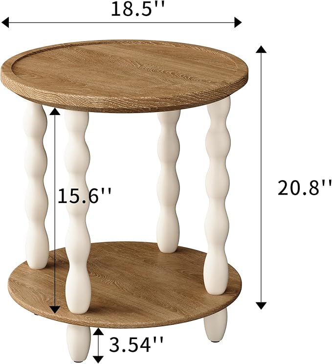 Round End Table, 2-Tier Farmhouse End Table, 18.5'' Handcrafted Weathered Look Wooden Nightstand Accent Table, Pine Leg, Small Side Tables for Living Room, Small Space, Bedroom, Boho, Easy Assembly