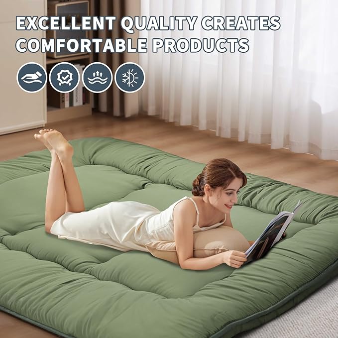 Japanese Floor Mattress,4" Thicken Japanese Floor Sleeping Pad Foldable,Futon Mattress Suitable for Camping and Guest Room (Green, Queen (80" X 60"))