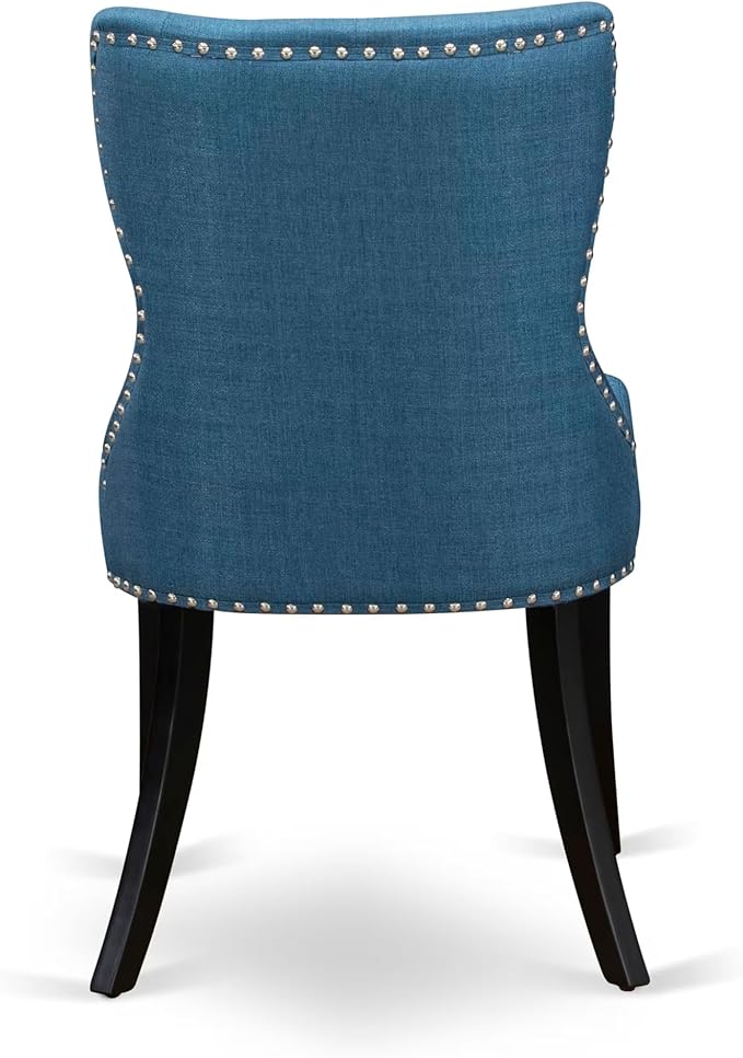 LKSI7-SBB-21-7-Piece Modern Dining Set Consists of a Mid Century Table and 6 Blue Linen Fabric Parson Chairs with Button Tufted Back - Sand Blasting Black Finish