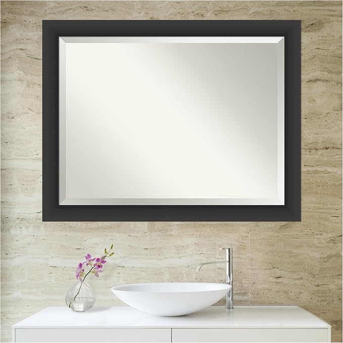 Amanti Art Black Bathroom Mirror for Over Sink, 36x46 Sloped Black Rectangle Vanity Mirror, X-Large Modern Contemporary Frame, Hangs Horizonally and Vertically, Bathroom Wall Decor, Beveled Edge