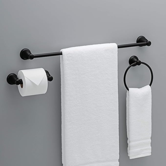 Franklin Brass Kinla 3-Piece Bathroom Set Matte Black 24" Towel Bar Rack, Toilet Paper Holder, Ring KIN3PC-MB