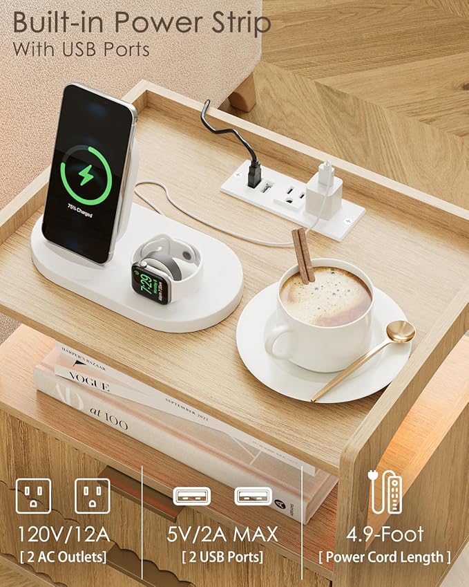 Nightstand with Charging Station and LED Lights,Modern Bedside Table with 2Drawer and Open Shelf,Oak Night Stand with Solid Wood Legs,End Table for Living Room、Bedroom and Small Spaces