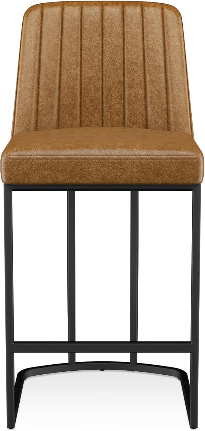 Counter Height Bar Stools Set of 2, Upholstered Leather Barrel Barstools with Back and Metal Legs for Kitchen Island, 27.4" Seat Height, Fabric in Faux Leather, Rustic Brown