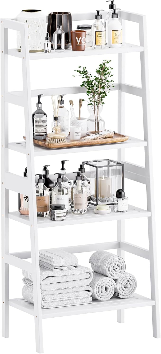 HITNET White Ladder Bookshelf, Leaning Bookcase, 4-Tier Bamboo Shelf, Floor Standing Storage Shelving Unit, Open Display Book Shelves
