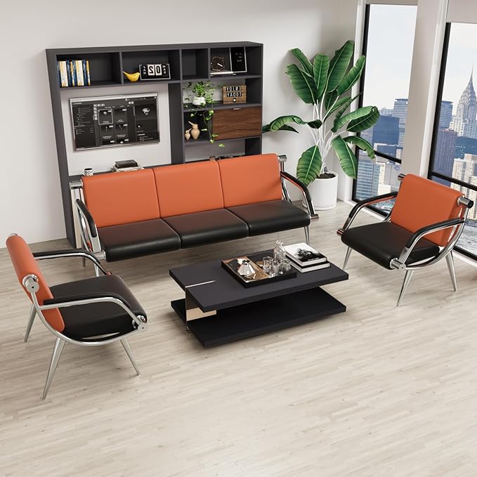 wonline 5 Seat Waiting Room Chair with Armrest PU Leather Office Furniture, Office Guest Seating Lobby Conference Reception Chairs for Airport Clinic Hospital Bank Salon Barber(Orange&Black)
