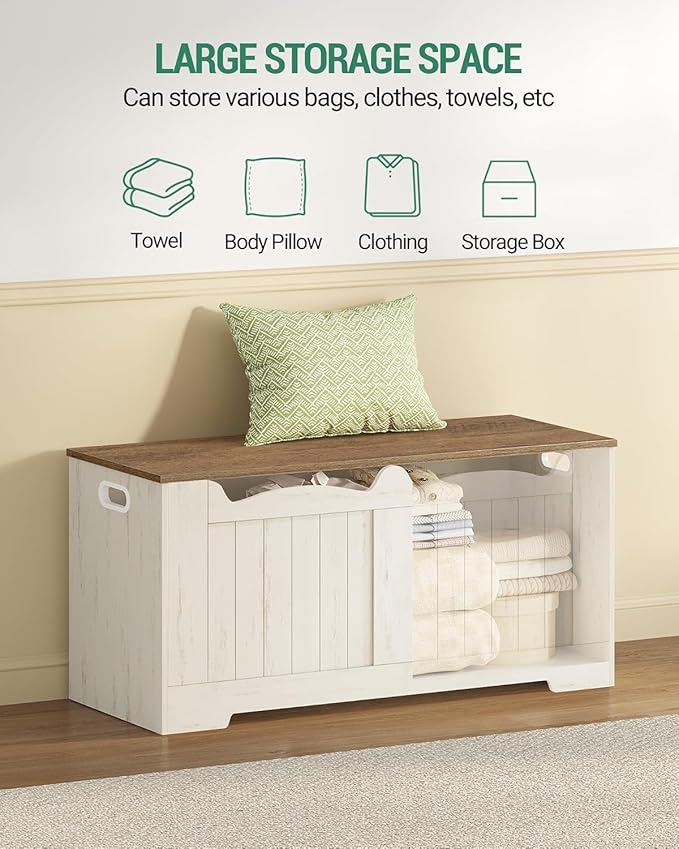 39.4" Storage Chest, Storage Bench Trunk with 2 Safety Hinge, Wooden Box, Lift-Top Chest Organizer, Shoe Bench for Entryway, Bedroom, Living Room, White and Brown SB01014B