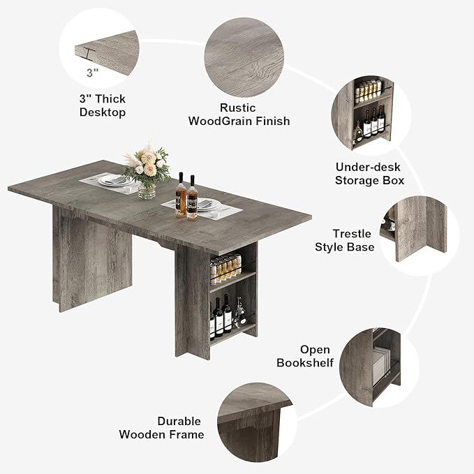 Garvee 63 Inch Dining Table for 2-4, Farmhouse Rectangular Kitchen Table with Waterproof Wood Tabletop, Heavy Duty Legs & 2-Tier Storage Shelves for Kitchen, Dining Room, Grey