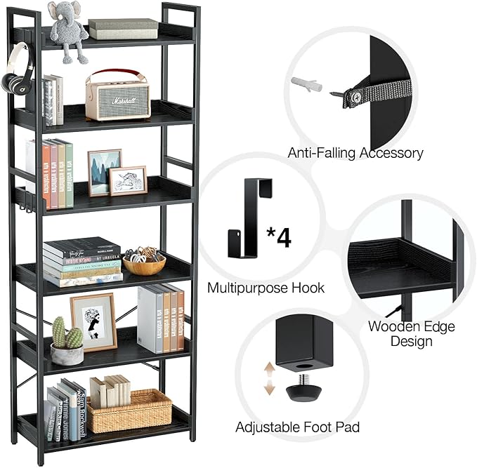 Rolanstar Bookshelf 6 Tier with 4 Hooks, Industrial Bookcase, Vintage Storage Rack with Open Shelves, Rustic Standing Bookshelves Metal Frame Display Rack for Living Room, Bedroom, Black