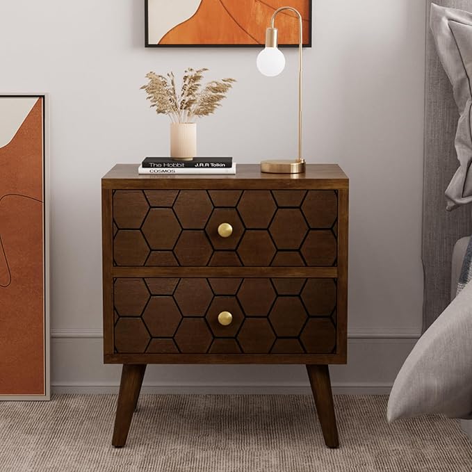 COSIEST Modern End Table w Honeycomb Pattern, Mid-Century Nightstand w Storage Drawer, Small Wood Accent End Table for Bedroom, Living Room(Brown,2 Pieces)